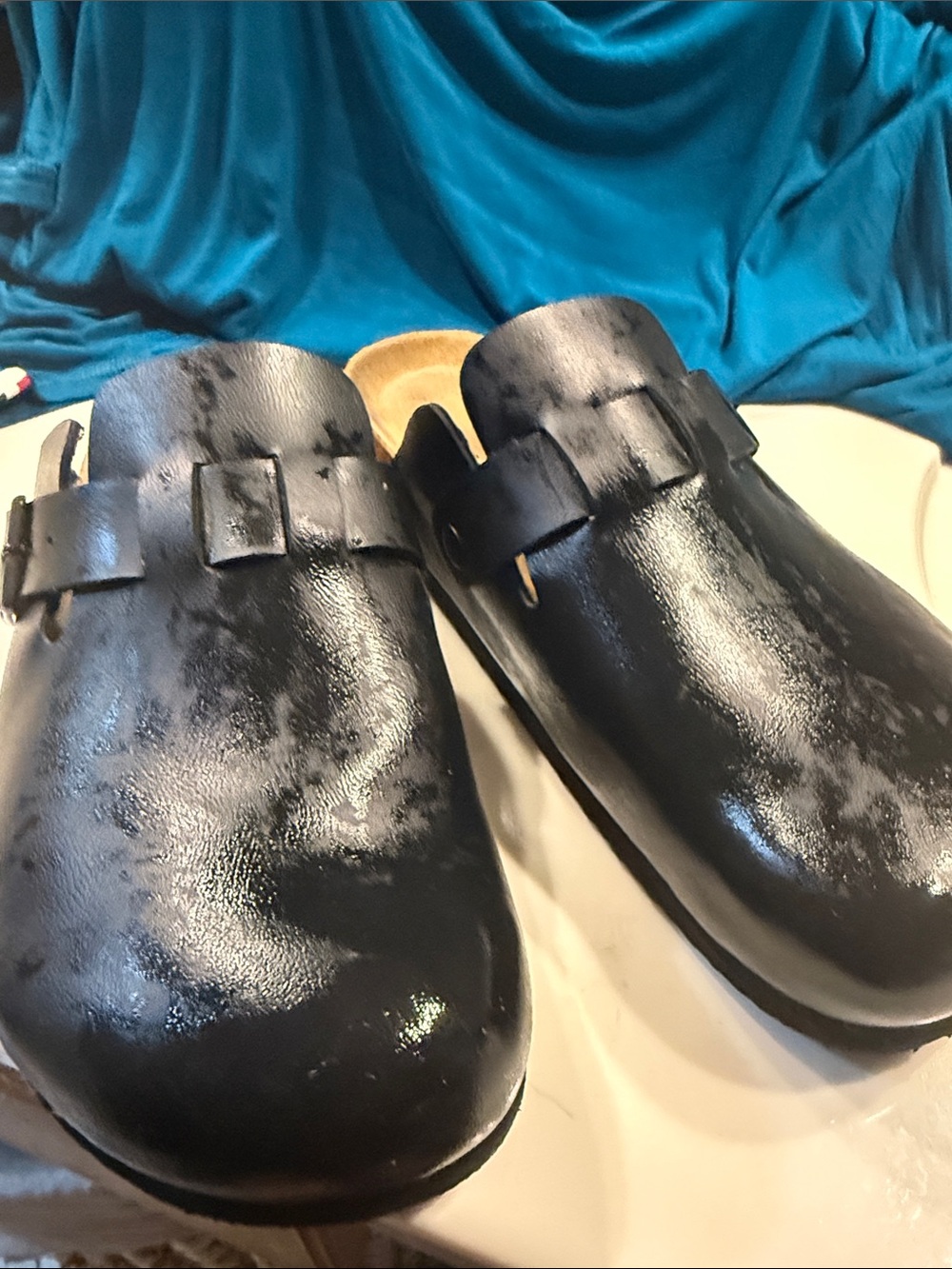 Black Leather Slip-On Clogs with buckle